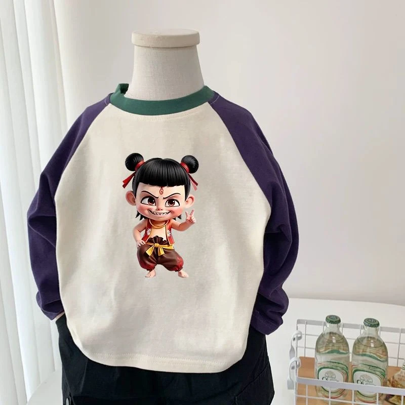 卡通哪吒衣服儿童春秋装2025新款男童纯棉长袖t恤撞色打底衫上衣