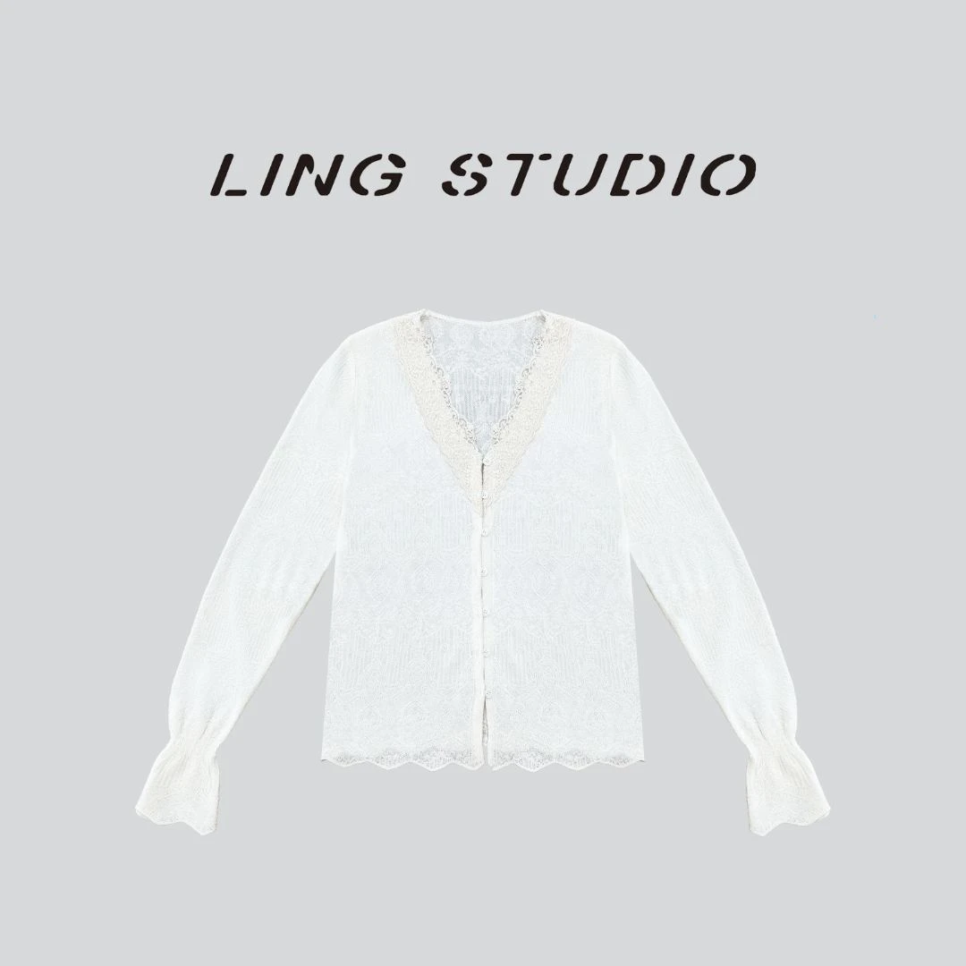 LING/STUDIO『维多利亚』法式蕾丝拼接V领喇叭袖针织开衫5091592