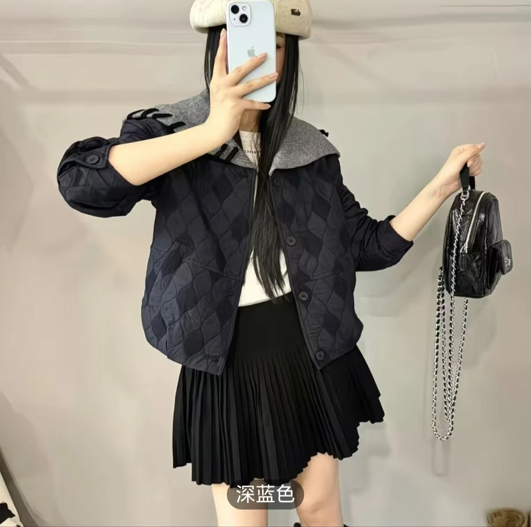 韩系针织海军领短款小个子棉衣外套女设计感时尚百搭休闲薄款棉服
