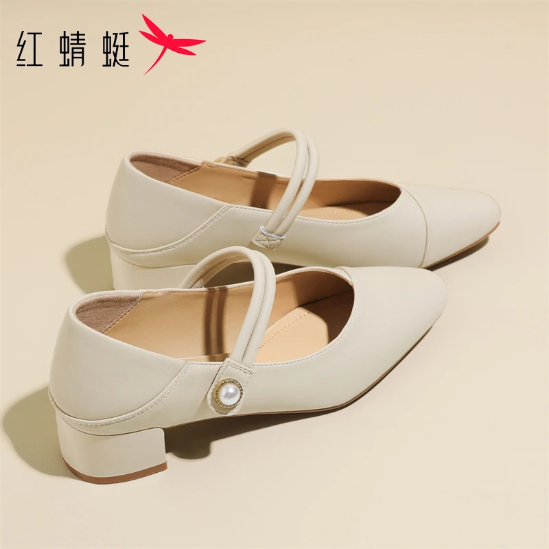 红蜻蜓仙女风配裙子单鞋女夏季2025新款尖头低跟高跟鞋粗跟妈妈鞋