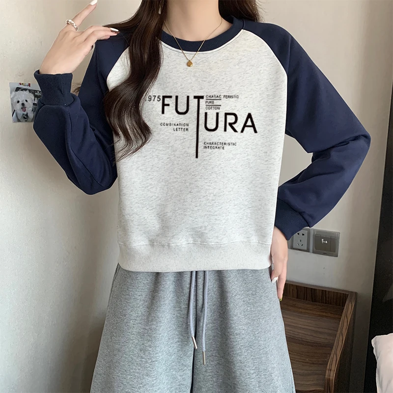 圆领卫衣女秋冬装新款宽松洋气撞色插肩加绒加厚爆款短款上衣外套