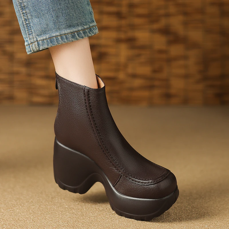 10cm软羊皮厚底坡跟短靴女秋冬加绒圆头马丁靴防水台增高短筒靴子