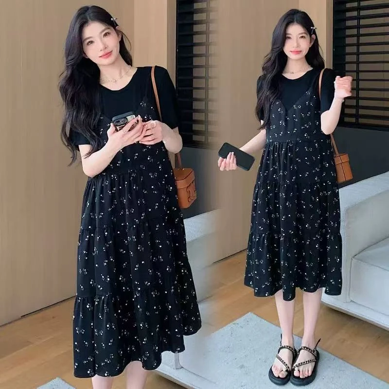 2025夏季孕妇装休闲大码收腰中长款孕妇连衣裙时尚假两件孕妇裙