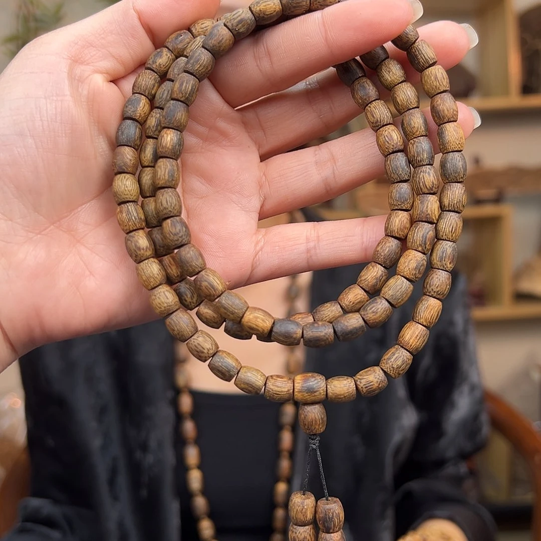 沉香手串海南白奇金丝红油鼓珠多圈一条0.75