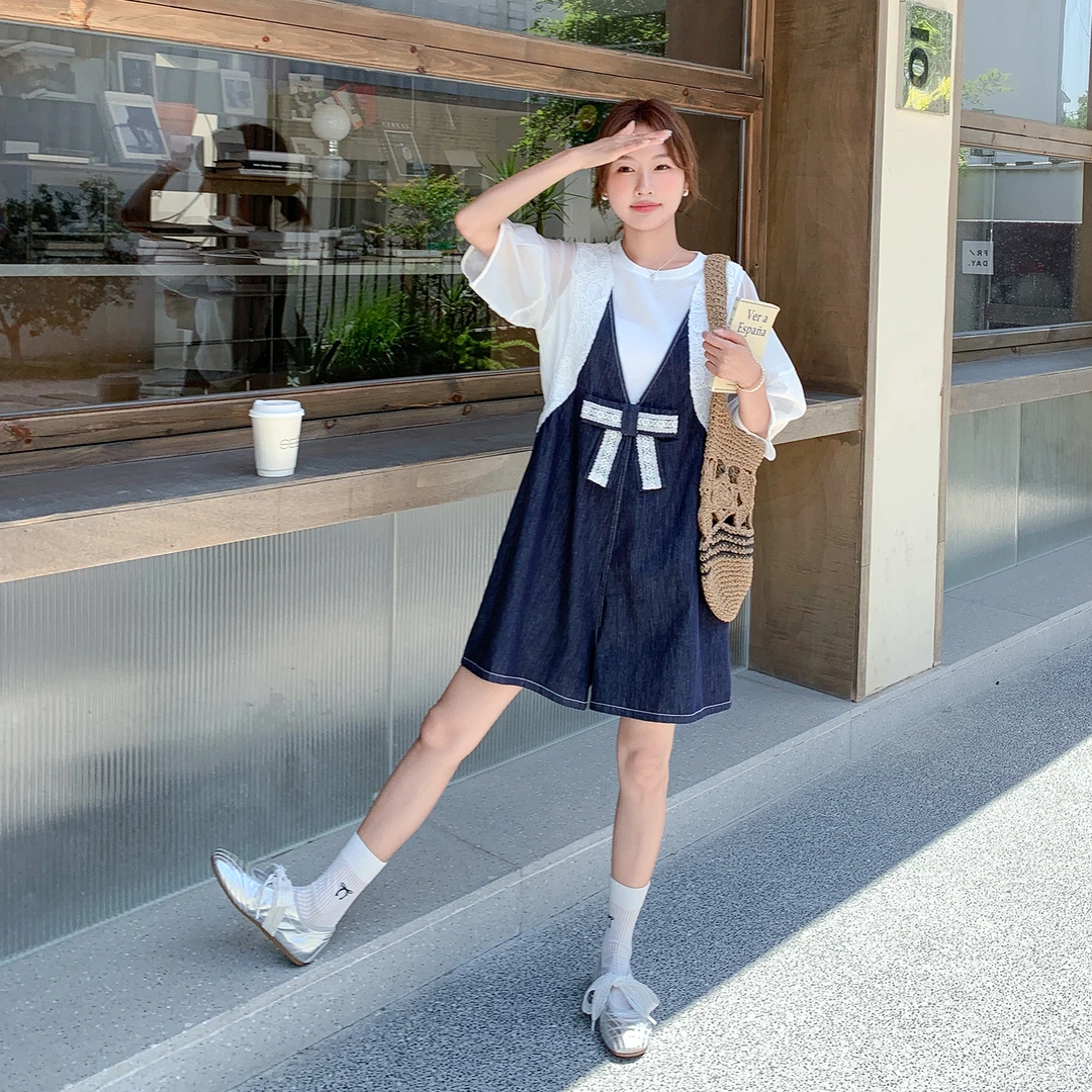 盐甜系ootd减龄穿搭一整套女网纱拼接短袖上衣蕾丝蝴蝶结背带短裤