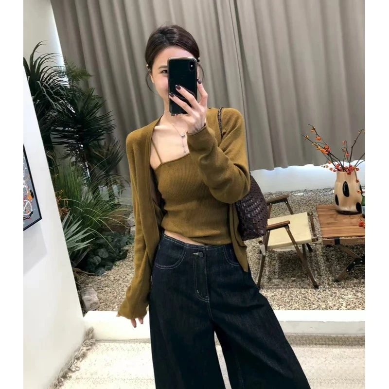 韩系2025早秋气质百搭显瘦时尚气质长袖针织开衫吊带两件套女