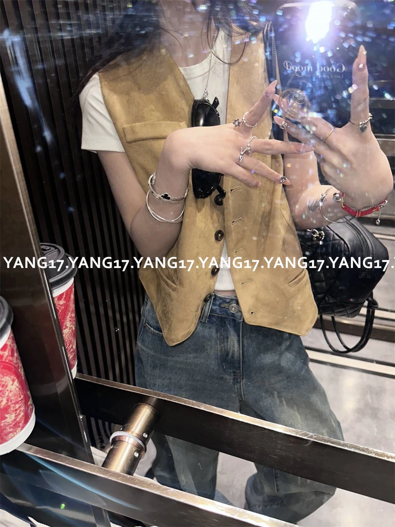 杨十七  “巴黎马甲” 仿羊皮麂皮绒复古老钱风 V领马甲女