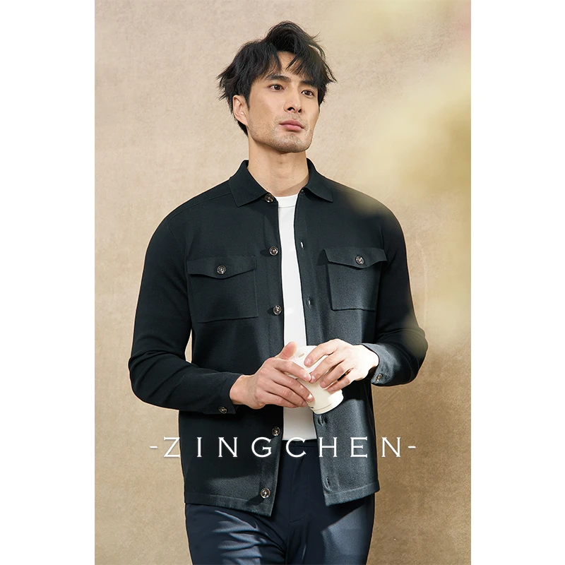 【16针横机工艺】ZINGCHEN丝光棉贴袋衬衫式夹克男士春秋针织开衫