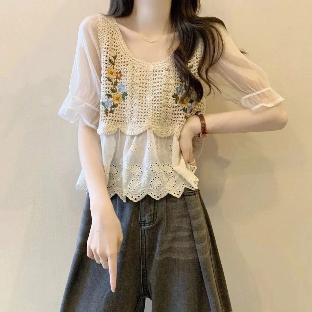 任小姐 269-325夏季民族风复古流苏镂空撞色针织短袖上衣配半身裙