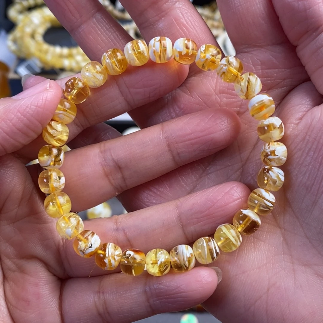 蜜蜡未镶嵌裸石金拉丝纹高桩老型手串7.6