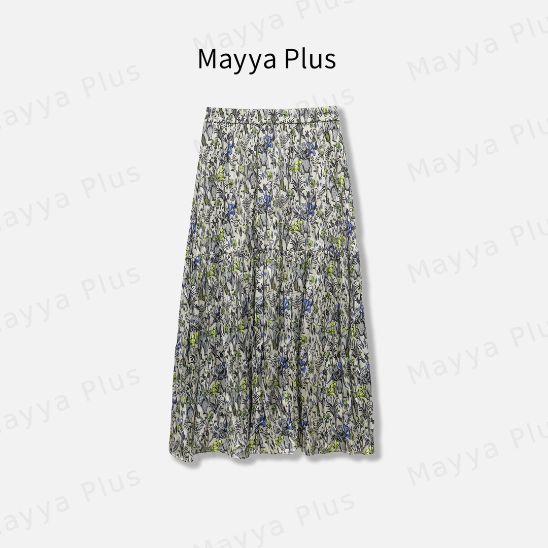 【花槿】MayyaPlus麦芽定制森系印花压褶半身裙松紧腰a字裙32526157