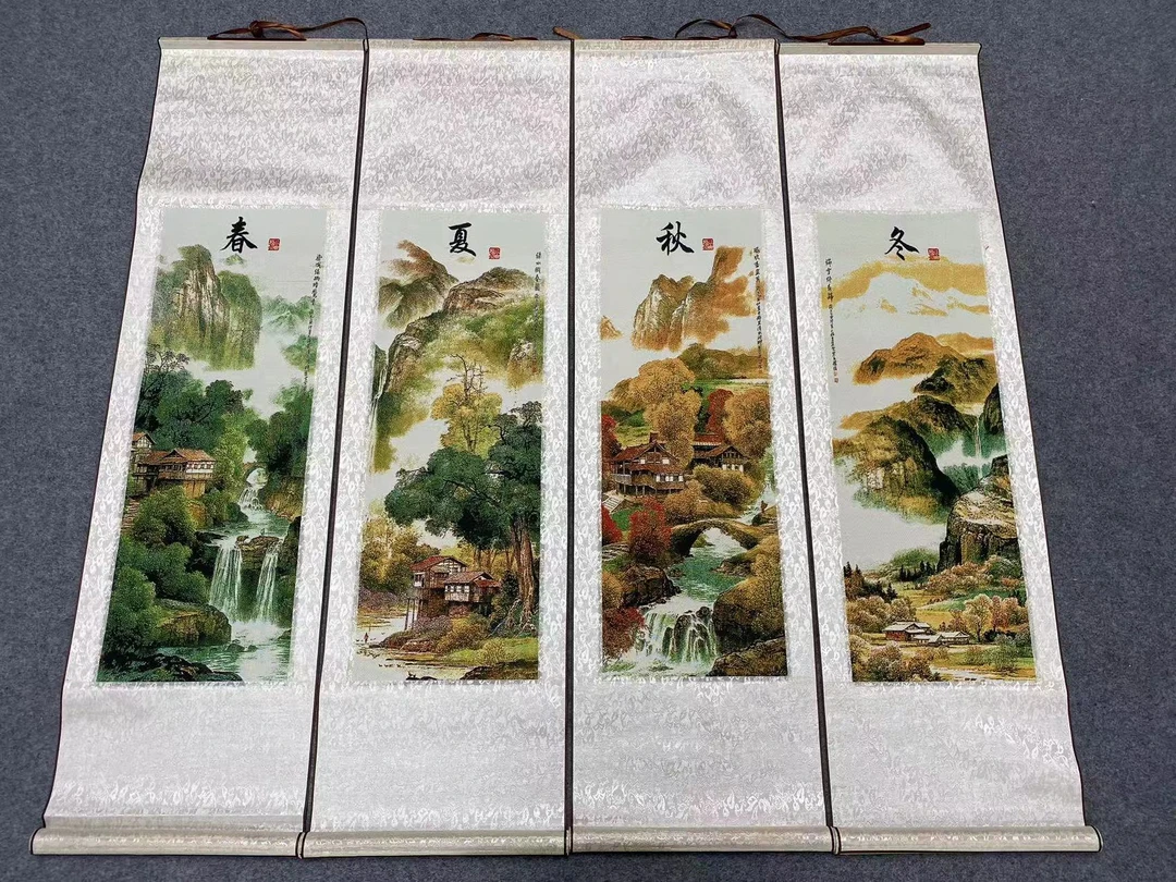 刺绣《春夏秋冬》四条屏布面刺绣绫绢装裱尺寸135*35厘米共4个