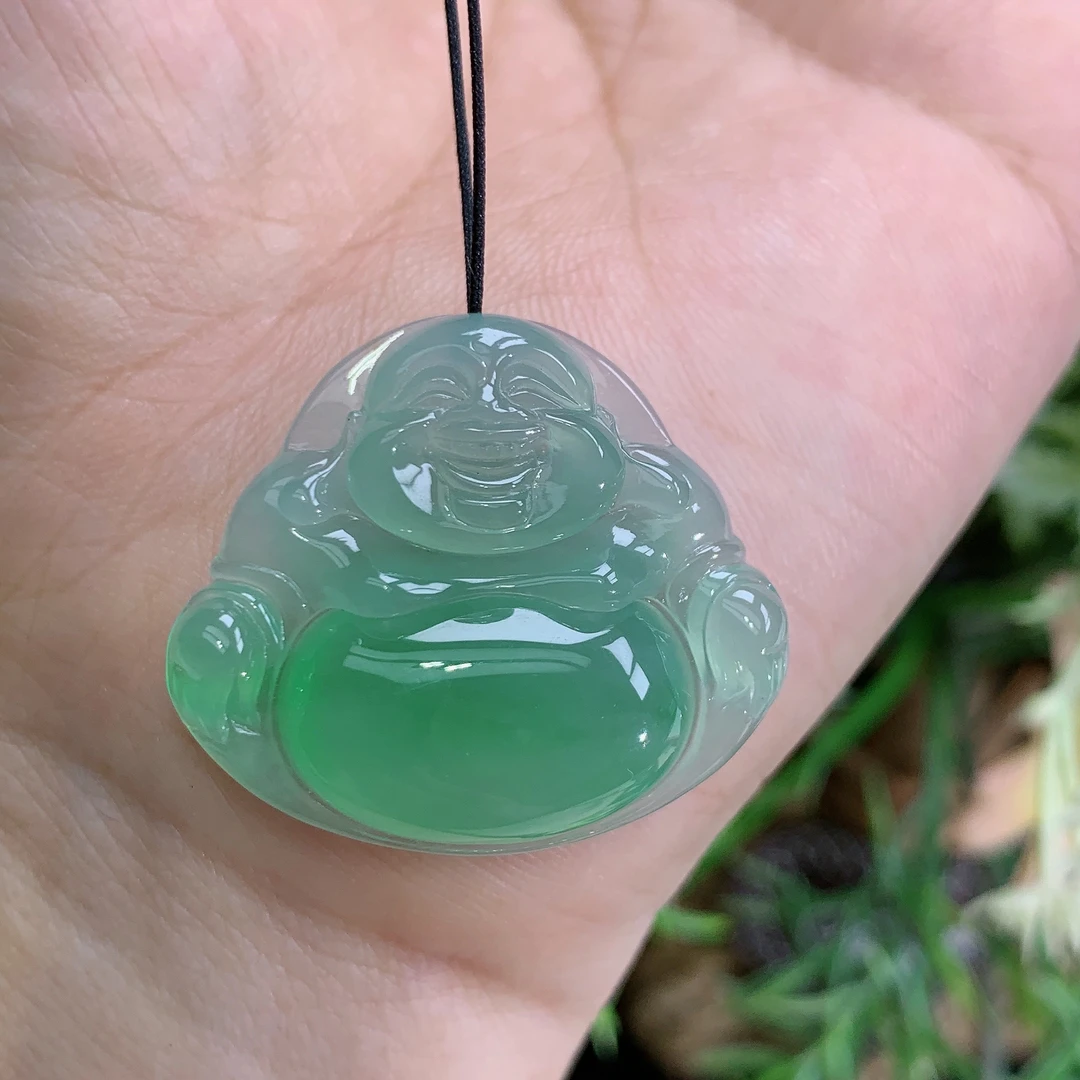 缅甸天然翡翠A货冰种起胶晴绿飘阳绿佛公吊坠雪尺寸26.8/30.6/6mm