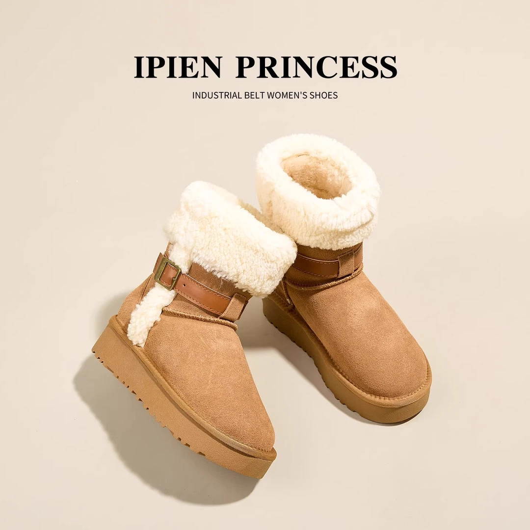 厚底增高时尚轻奢保暖雪地靴女2025冬季新款皮带扣毛毛口套筒棉鞋