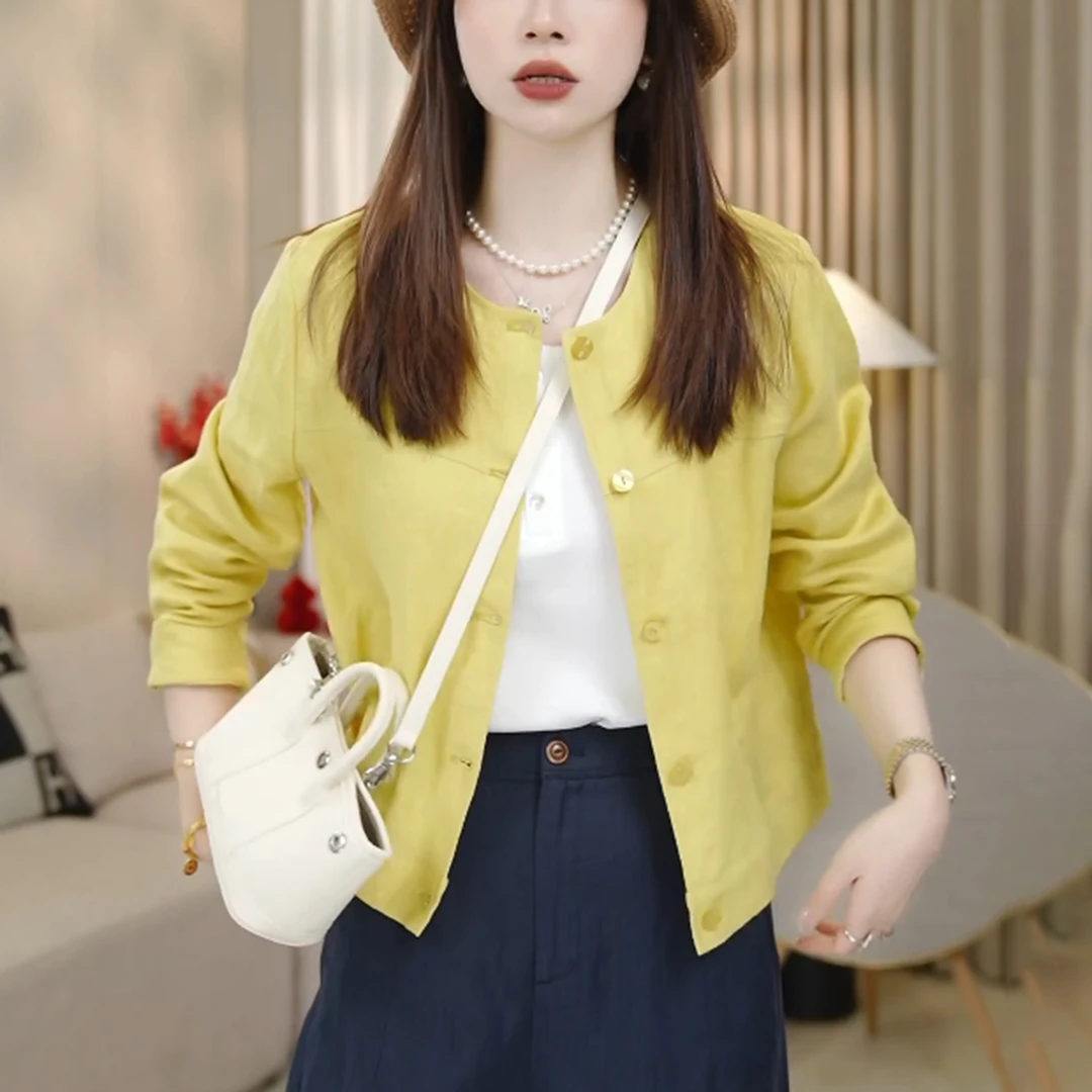 LMENY仿亚麻！夏季清爽软仿亚麻质感显瘦圆领短外套女小个子上衣