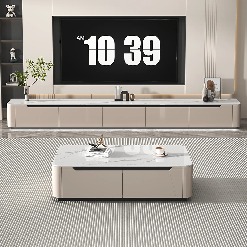 轻奢意式极简实木生态板岩板茶几电视柜组合套装客厅落地高光