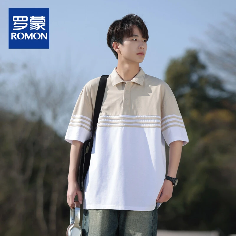 Romon/罗蒙衬衫领短袖t恤男夏季冰丝宽松半袖polo衫男士条纹休闲