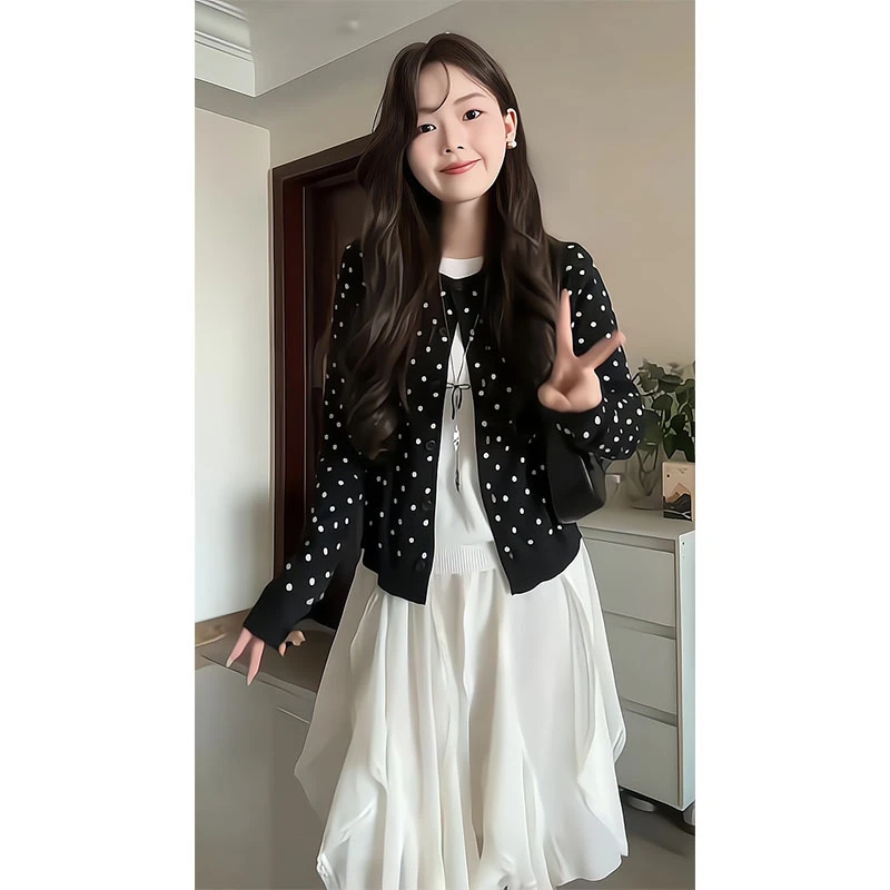 韩版miu系波点假两件针织毛衣开衫秋季百搭软糯上衣不规则半身裙