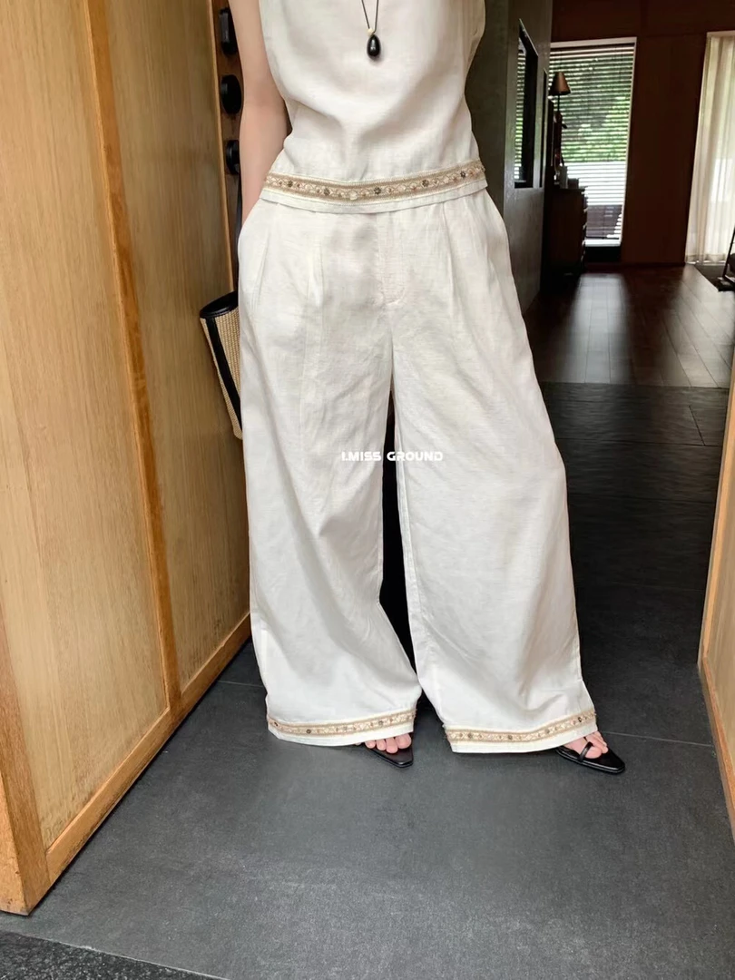 imiss@80715 韩系织带拼接阔腿休闲裤 7-4