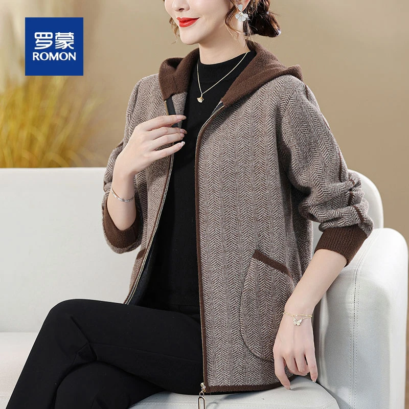 罗蒙中年妈妈外套春秋季新款连帽上衣中老年女装秋款洋气毛呢夹克