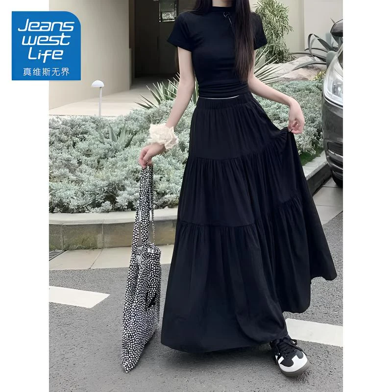 真维斯无界夏季新款经典黑色百搭成熟风蛋糕半身长裙休闲气质女裙