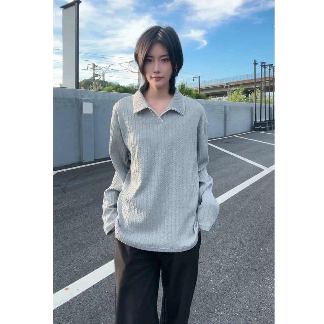 美式复古宽松长袖翻领t恤男生秋季老钱风海鸥领polo衫潮牌打底衫