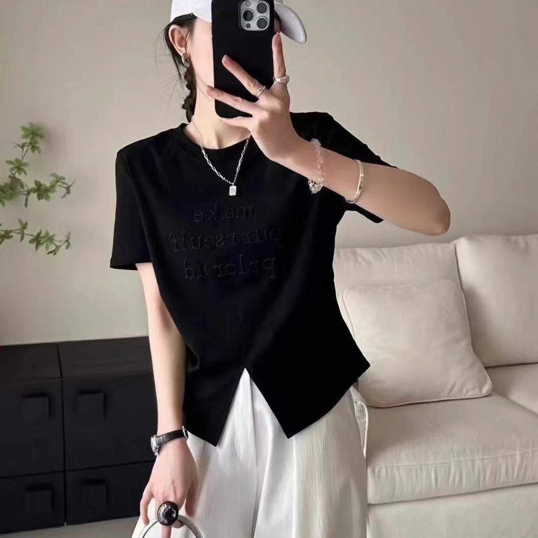 2518【衣长53】修身型短袖字母刺绣显瘦圆领T恤半袖夏季ol重工时尚