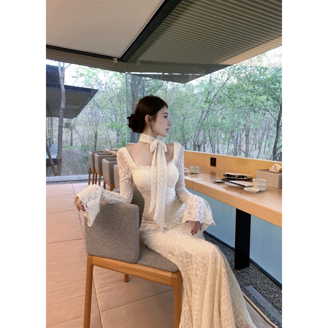 “实拍实价雪绒恋人”法式复古蕾丝宫廷喇叭袖鱼尾包臀连衣裙裙子