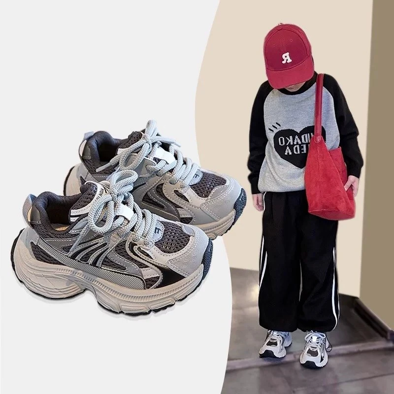 ABC女童鞋网面老爹鞋2025春秋季男童百搭透气运动鞋中大童休闲鞋