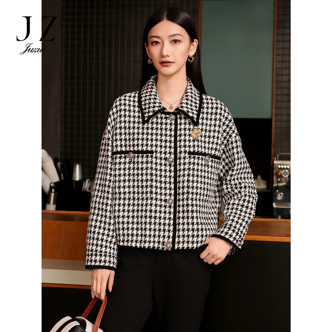 商场同款JZ玖姿方领千鸟格编织短外套女新款JWEQ40502