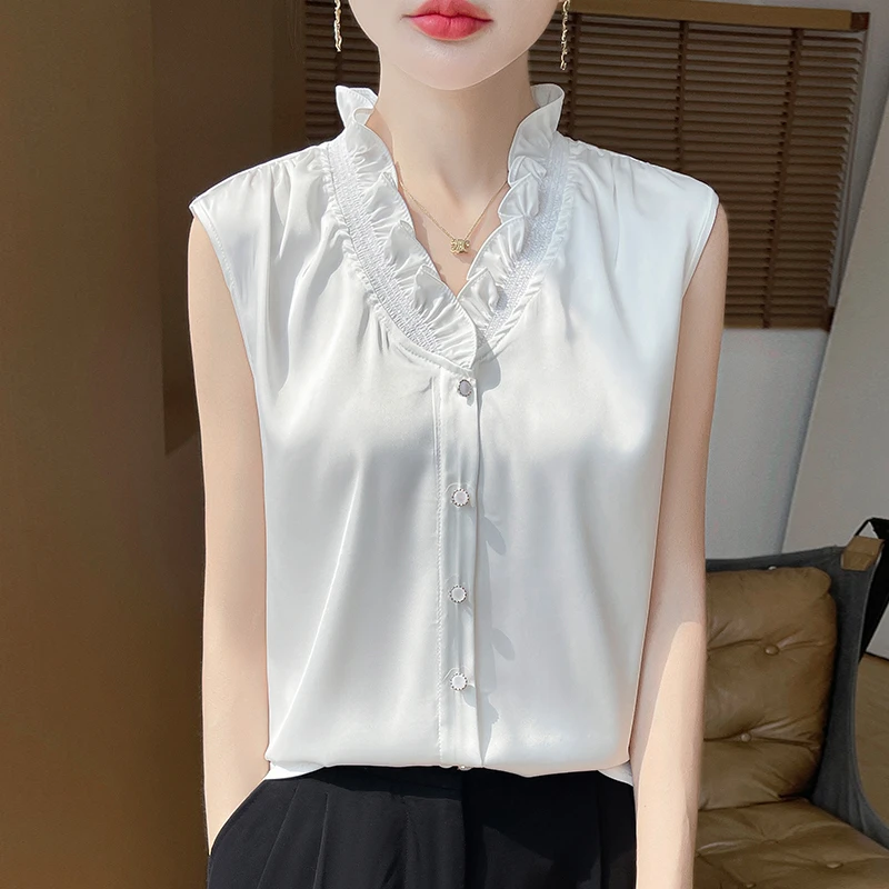 v领木耳边纯色无袖衬衫上衣小香风法式白衬衣缎面花边背心小衫A88
