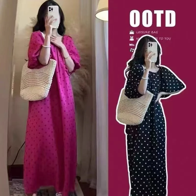 法式甜美风泡泡袖连衣裙休闲女裙胖mm2025显瘦宽松大码夏新款女装