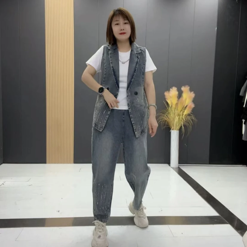 PN8886休闲时尚套装夏季百搭宽松水洗牛仔马夹裤子套装