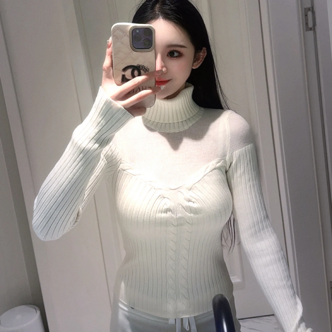 娇女反击纯欲风收腰显瘦镂空麻花套头毛衣女内搭打底针织衫