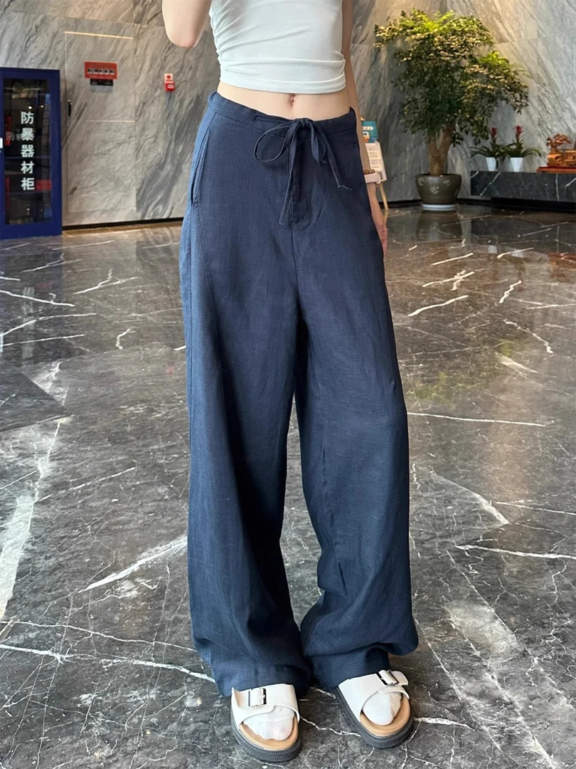 藏青色裤子女款夏垂感天丝亚麻裤梨型身材胖mm显瘦防晒棉麻阔腿裤