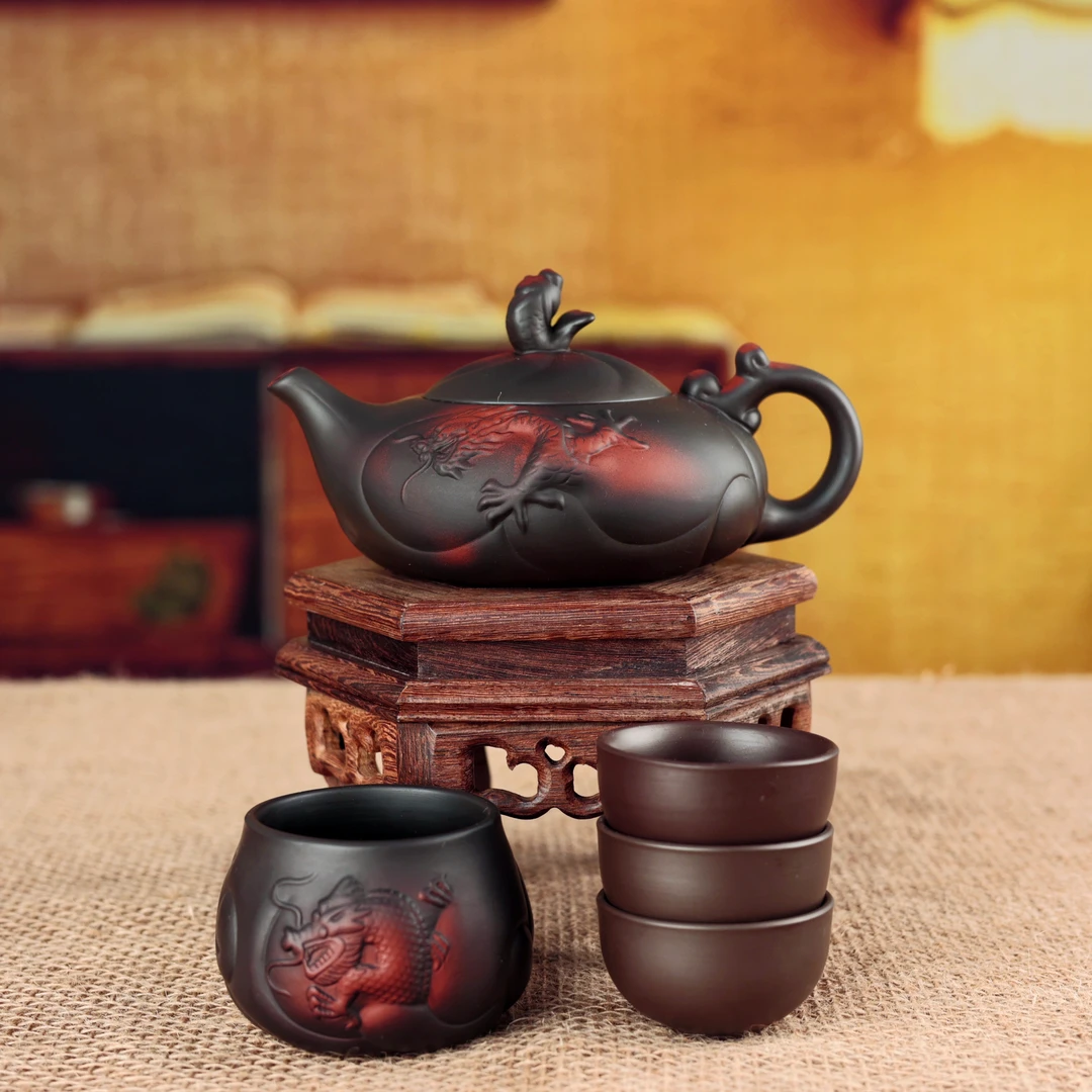 紫陶鱼化龙壶+1个紫陶鱼化龙主人杯+3个紫泥客杯（安全包装）