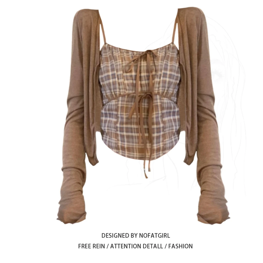 大码胖MM美式辣妹格纹吊带开衫两件套女夏季修身显瘦高级感两件套