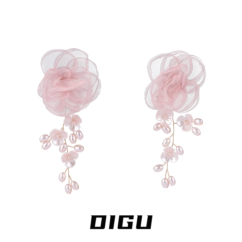 嘀咕家 铜合金布艺耳饰 甜美网纱花朵流苏耳环轻奢花花耳钉耳饰