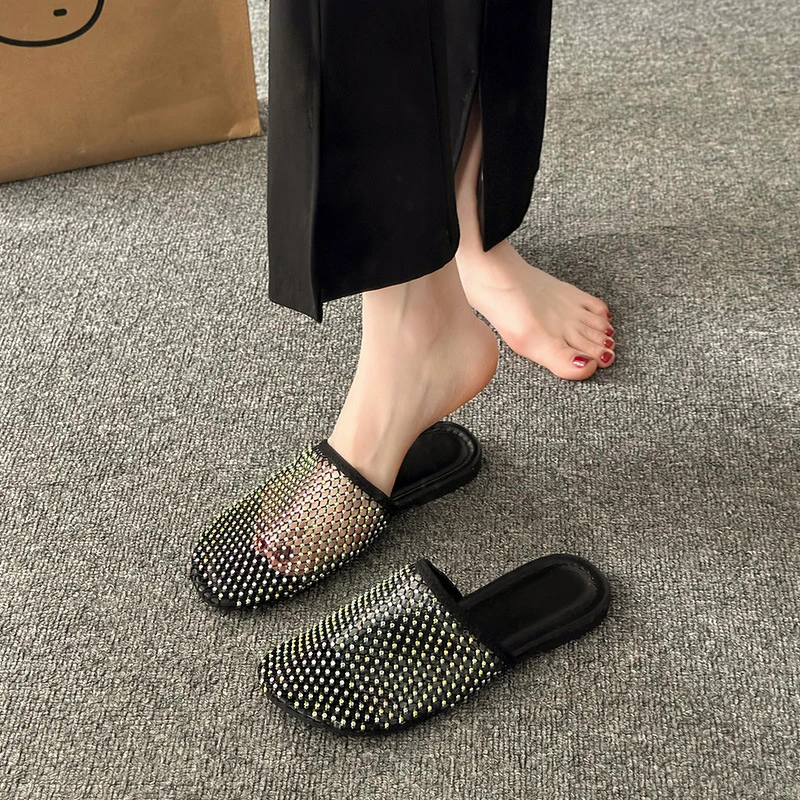 35-43码 大码女鞋包头半拖鞋女夏外穿2024年平底网面镂空透气凉拖