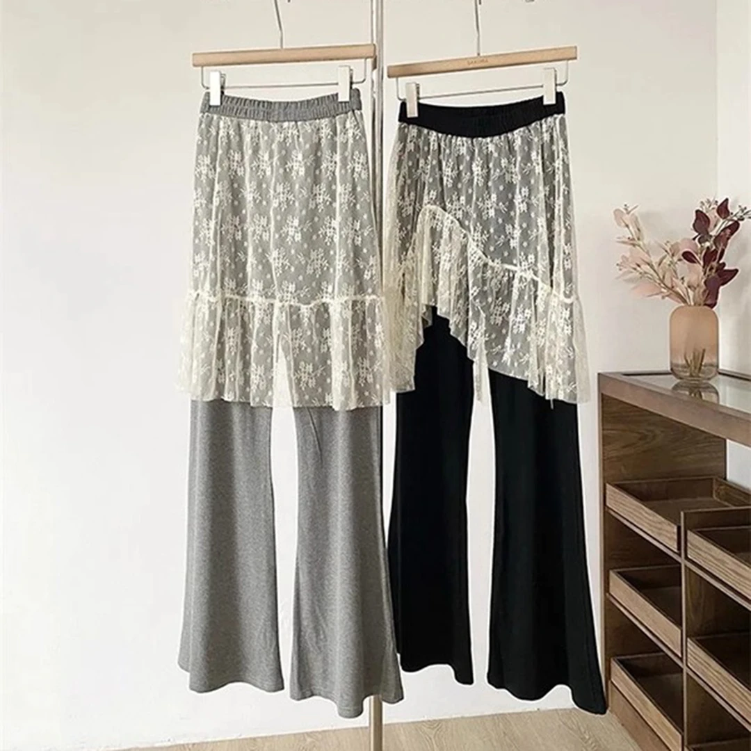 胖mm大码300斤蕾丝拼接微喇阔腿裤女气质韩系百搭假两件休闲长裤