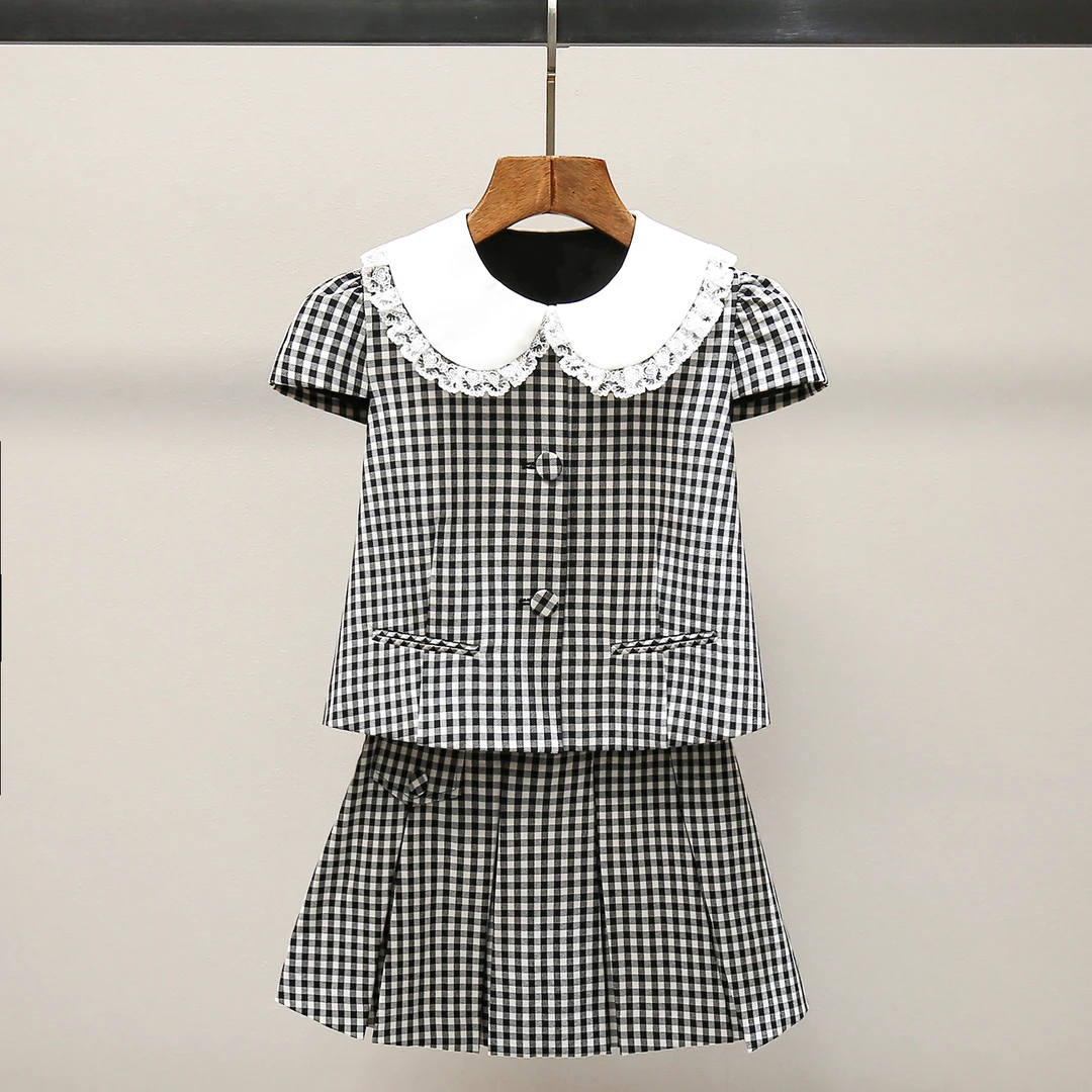 【苏格兰情书】甜美娃娃领千金黑白格外套+半裙套装LA12068