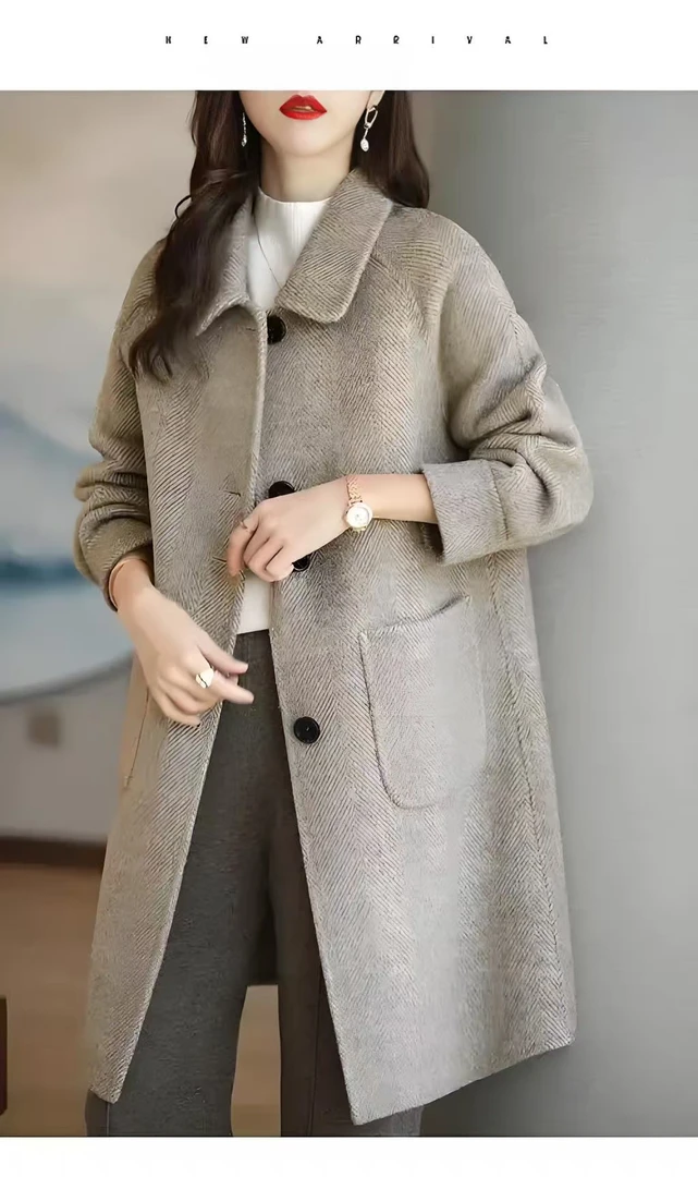 常规袖长袖中长款秋冬女毛呢外套网红女装气质双面呢显瘦红色