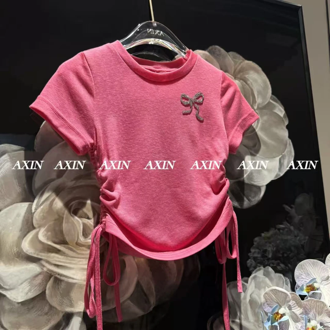(天丝雪花棉)AXIN【怦然心动】原创设计定染树莓粉抽绳T恤女童亲子