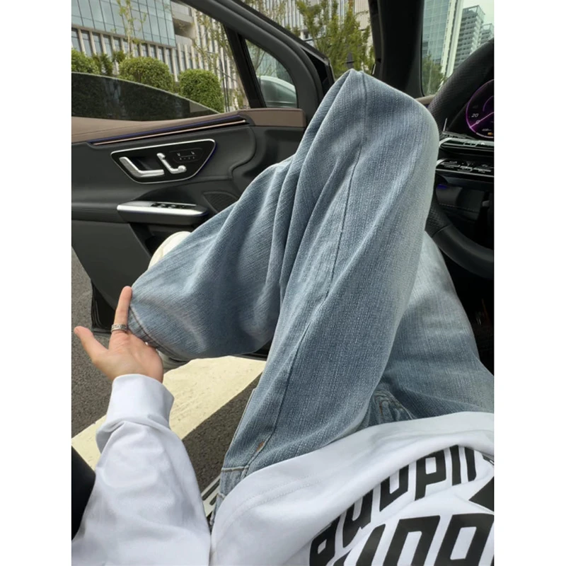 美式高街水洗竹节纹牛仔裤男秋季提裆显高显瘦裤子cleanfit微喇裤