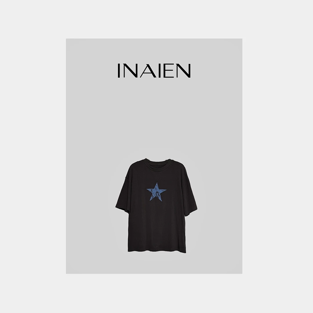 【INAIEN】线上款 “星语心愿”做旧星星印花宽松短袖 Y5662