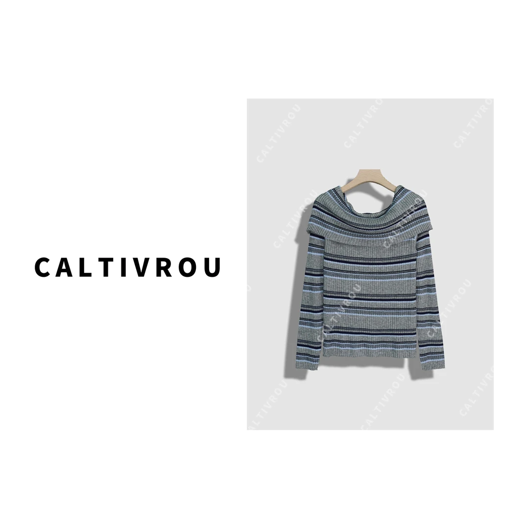 Caltivrou时尚拼色条纹一字领修身减龄针织衫-Y18480