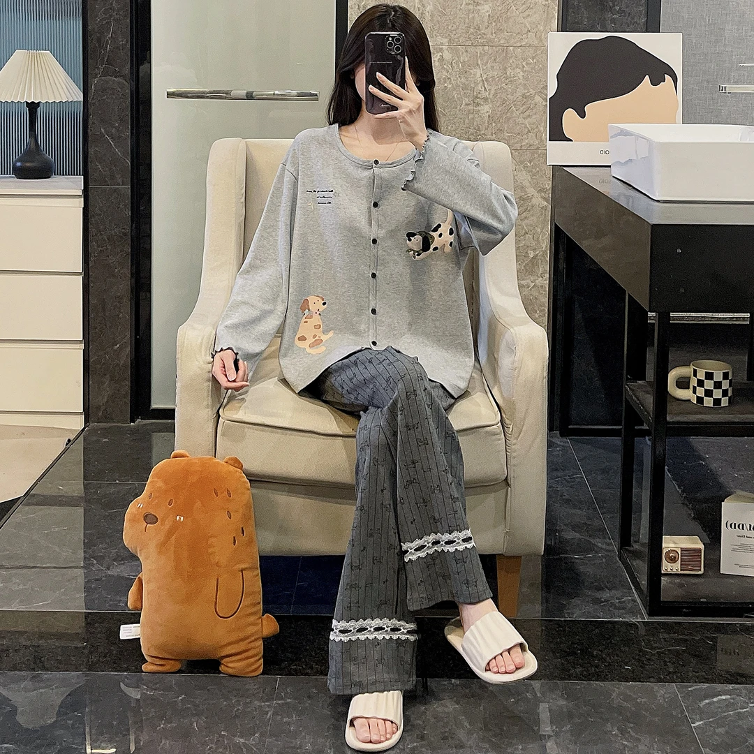2025年新款睡衣女春秋季韩系长袖大码可外穿卡通狗ins套装家居服