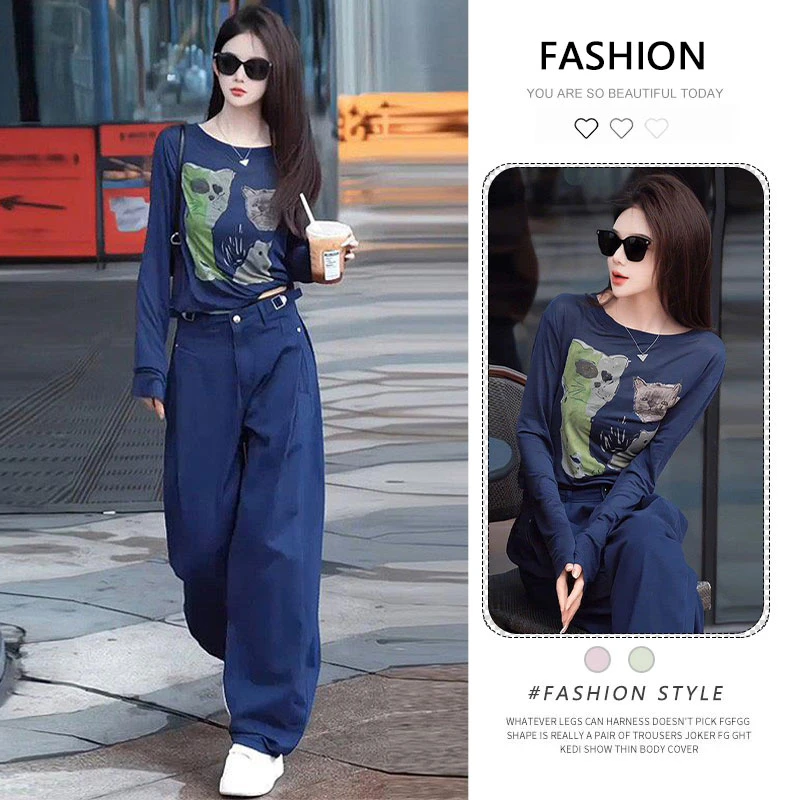 韩版独特漂亮猫咪印花长袖T恤女秋季新款高端洋气欧货潮时髦上衣