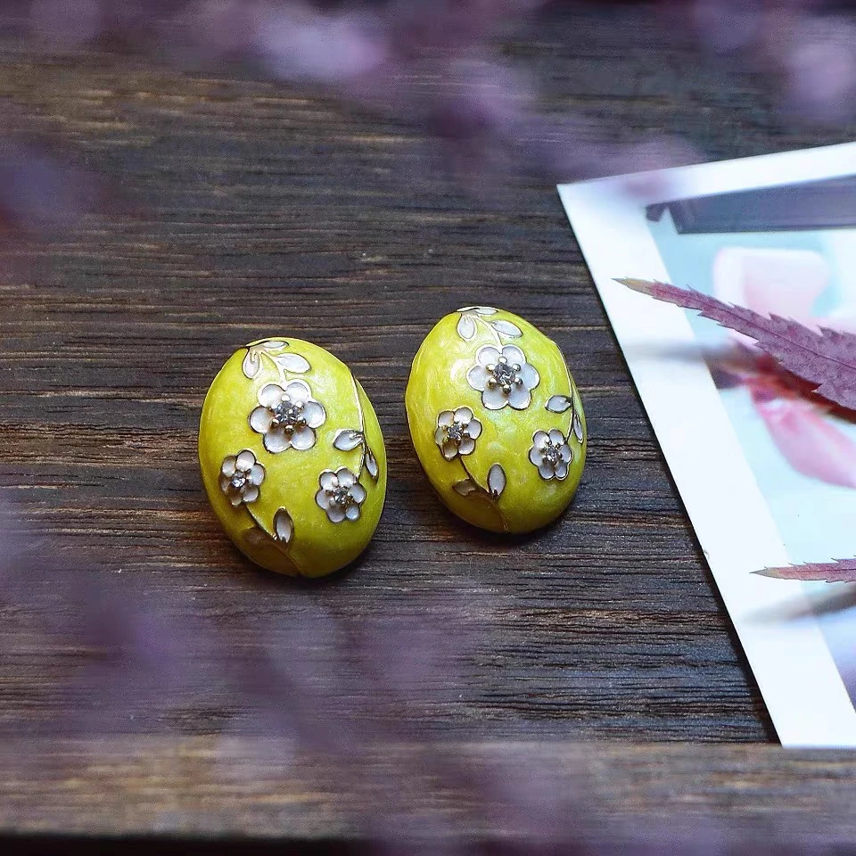 铜合金珐琅耳饰 新中式国风黄色耳钉复古洋气耳饰气质精美耳环