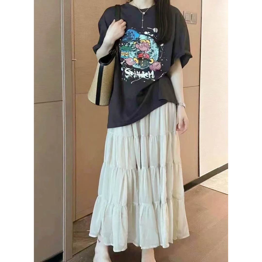 2025春夏新款时尚宽松慵懒风卡通印花短袖T恤半身裙两件套A1265